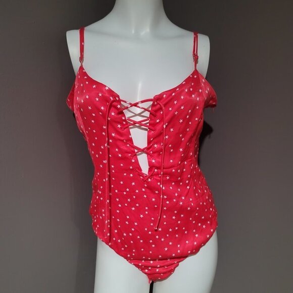 Zara Red Star Printed Satin Effect Bodysuit Sz XL - Picture 2 of 12